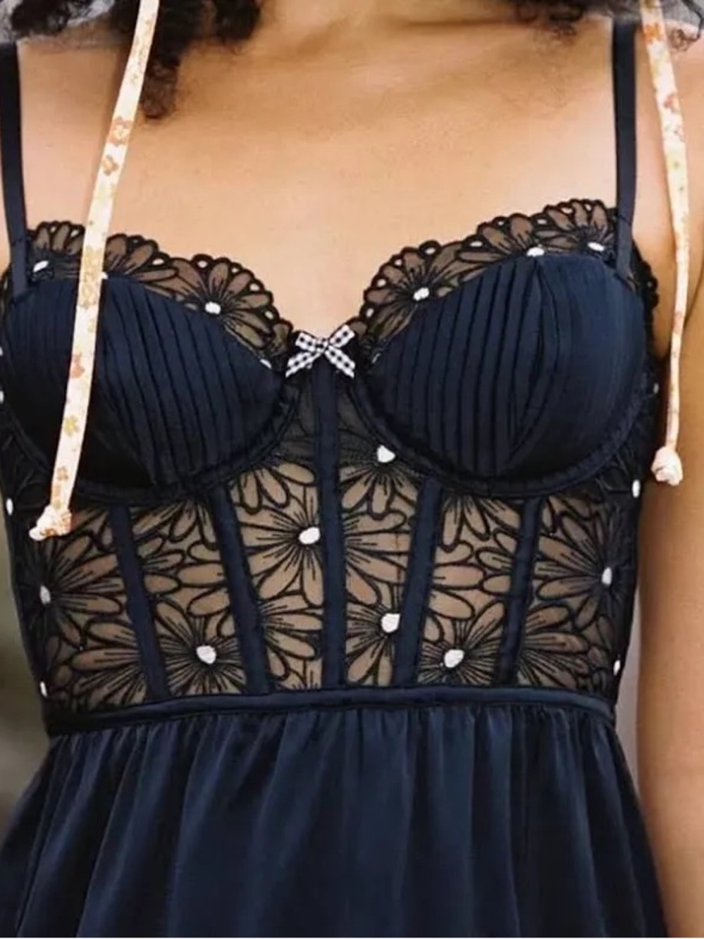 For Love And Lemons Black Floral Lace Chemise with Gingham Accent - Lilou Daisy